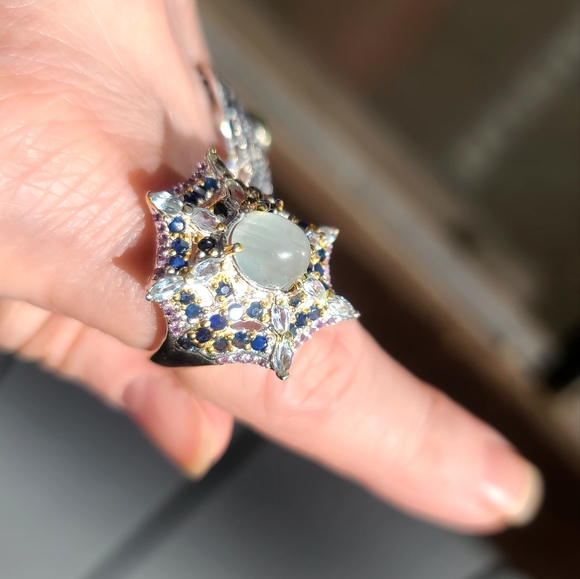 INCREDIBLE Aquamarine Sapphire & Amethyst Sterling Spiderweb 🕸 ring sz8.5 - Picture 8 of 13